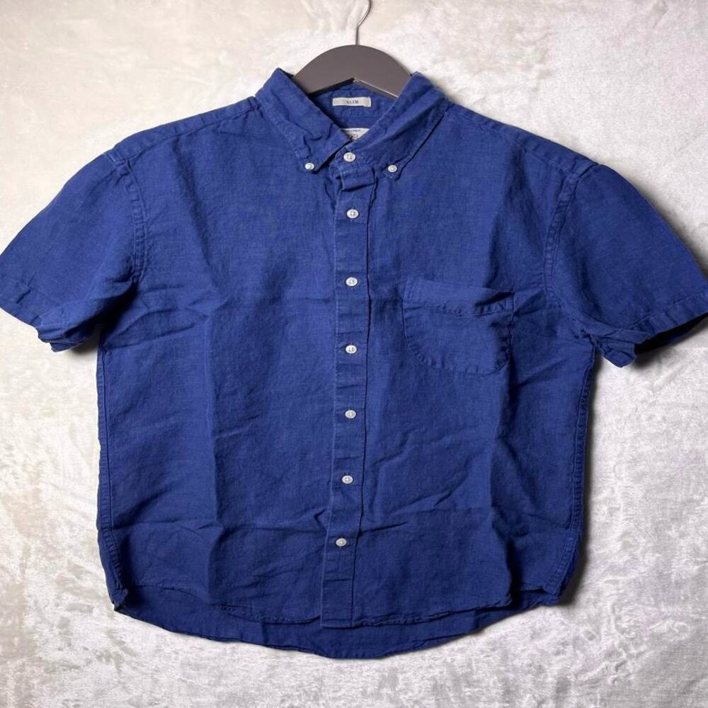 J Crew Baird McNutt Irish Linen Button Up Shirt Men's M Dark Blue Short Sleeve